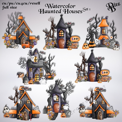 Watercolor Haunted Houses Set 1
