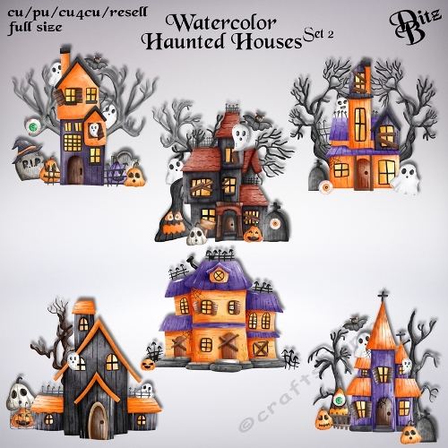Watercolor Haunted Houses Set 2