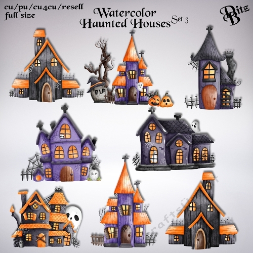 Watercolor Haunted Houses Set 3