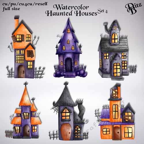 Watercolor Haunted Houses Set 4