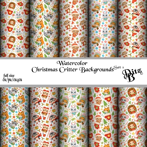 Watercolor Christmas Critter Backgrounds Set 1