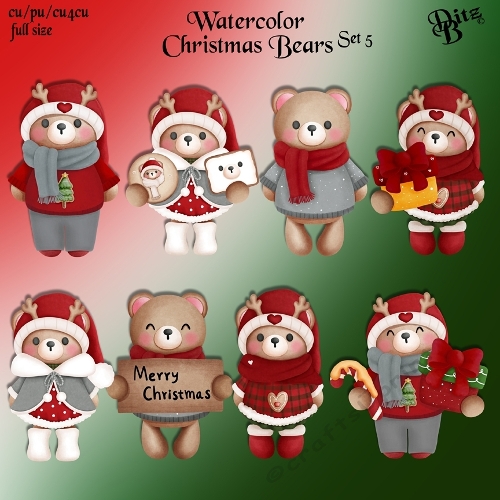 Watercolor Christmas Bears Set 5