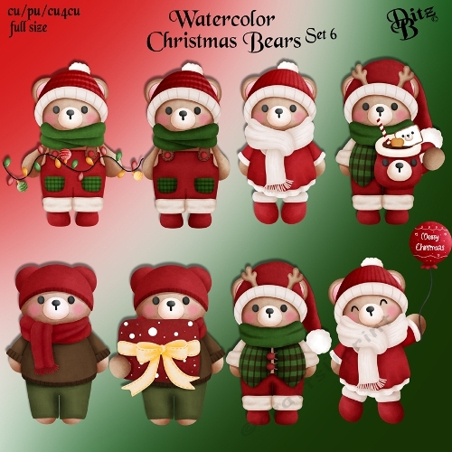 Watercolor Christmas Bears Set 6