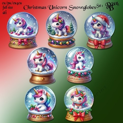 Christmas Unicorn Snowglobes Set 1