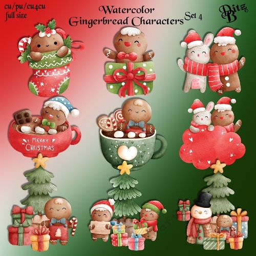 Watercolor Gingerbread Characters Set 4