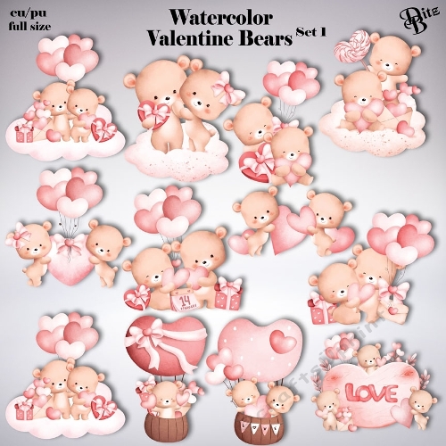 Watercolor Valentine Bears Set 1