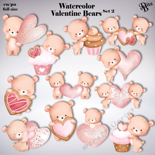 Watercolor Valentine Bears Set 2