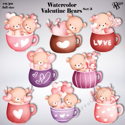 Watercolor Valentine Bears Set 3