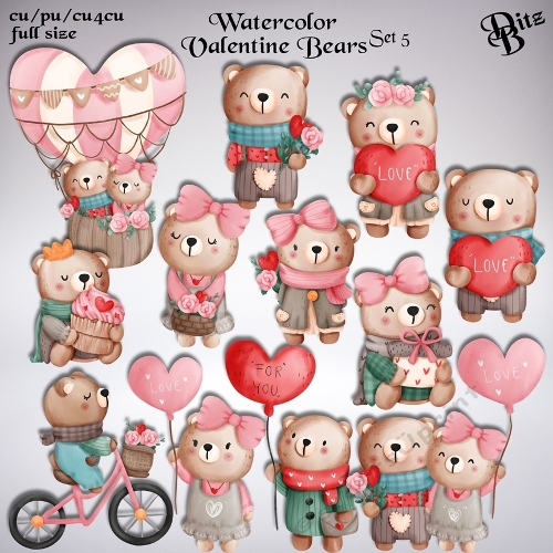 Watercolor Valentine Bears Set 5