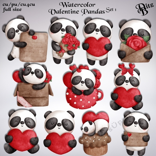 Watercolor Valentine Pandas Set 1