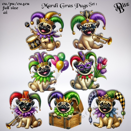 Mardi Gras Pugs Set 1