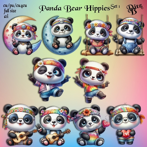 Panda Bear Hippies Set 1