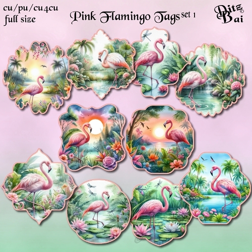 Pink Flamingo Tags Set 1