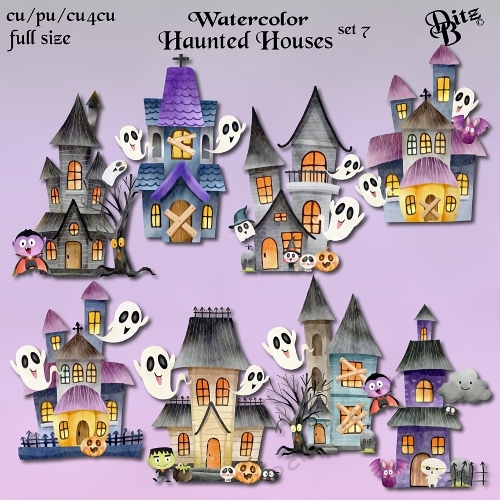 Watercolor Haunted Houses Set 7