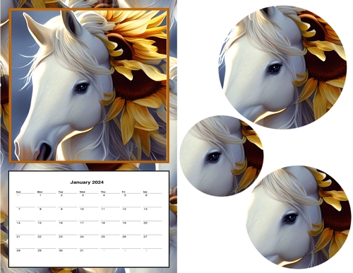 2024 Calendar - White Horse with Sunflower