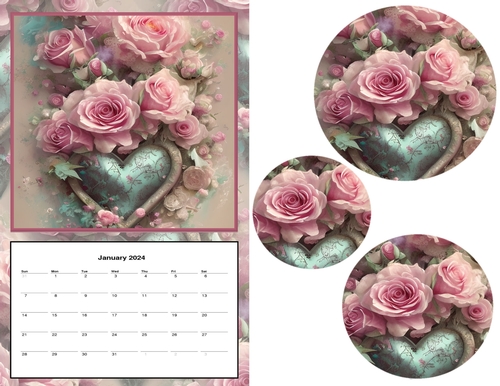 2024 Calendar - Pink Roses with a Heart
