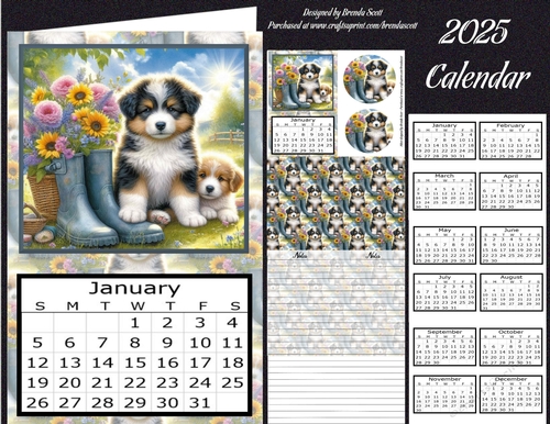 Puppies with Floral Boot 2025 Calendar