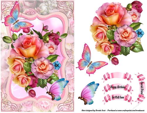 Roses and Butterflies on a Pink Floral Background