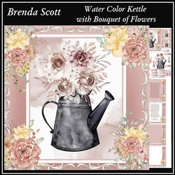 Water Color Kettle with Bouquet of Flowers