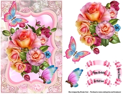 Roses and Butterflies on a Pink Floral Background