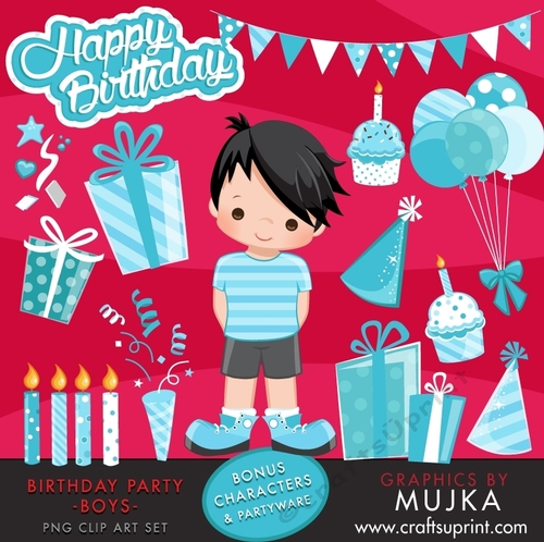 Boys Birthday Party Clipart with Cute characters, birthday cake, balloons, cupcakes, confetti, gift boxes and bunting banner