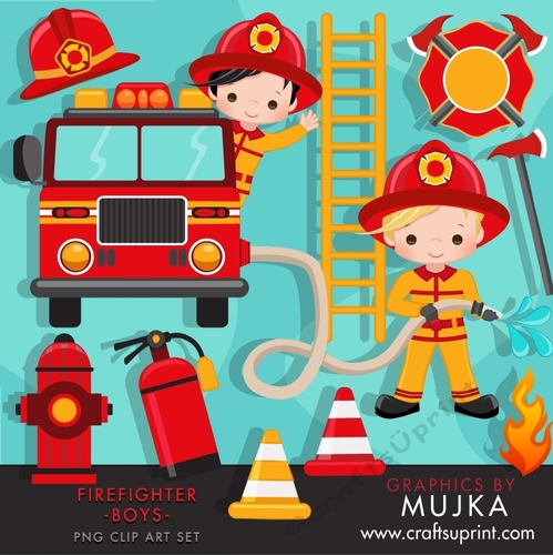 Fire fighter Boys Clipart. Cute fireman, fire truck, hose, fire extinguisher, fire rescue emblem, fireman helmet