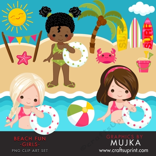 Beach Fun Clipart for Girls. Summer Cliparts, beach, swimming girl, surf board, sand bucket, bunting banner, palm tree, starfish