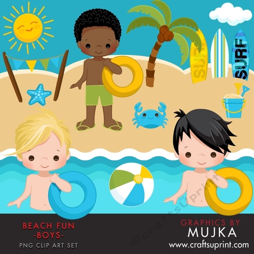 Beach Fun Clipart for Boys. Summer Cliparts, beach, swimming boys, surf board, sand bucket, bunting banner, palm tree, starfish