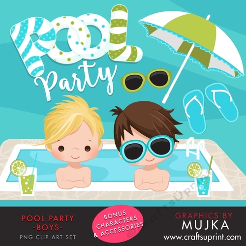 Pool Party Clipart for Boys. Little boys with pool party banner, flip flops, fruit drinks, sunglasses, umbrella and pool summer graphics