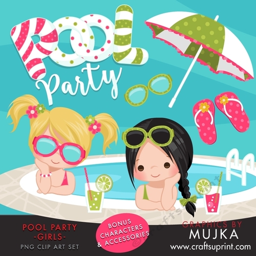 Pool Party Clipart for Girls. Little girls with pool party banner, flip flops, fruit drinks, sunglasses, umbrella and pool summer graphics
