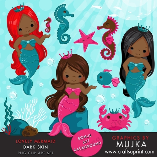 Lovely Little Mermaid Clipart Dark Skin & Under sea graphics  African American
