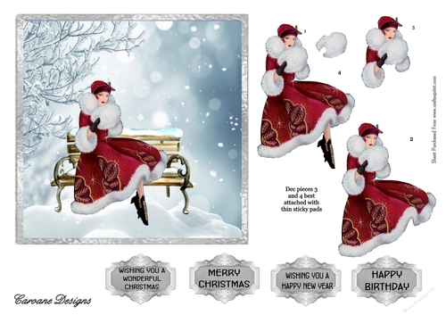 Lady in the Snow - A5 card front with decoupage
