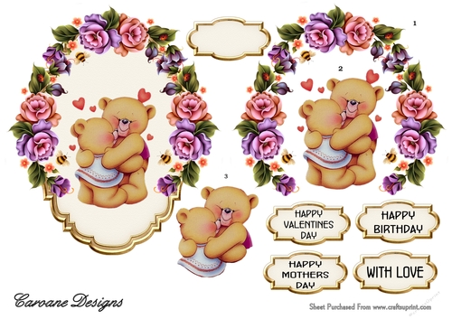 Romantic Teddies - 7 x 5 inch topper with decoupage