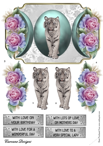 White Tiger and Roses - A5 card front with decoupage