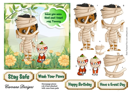 Tommy and Tiddles 1 - 6x6 inch card front with decoupage