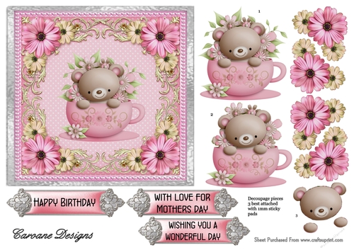 Teddy in a Teacup - 6x6 inch card front with decoupage