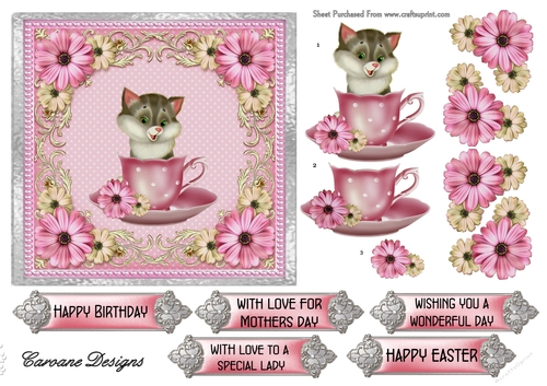 Kitty in a Teacup - 6x6 inch card front with decoupage