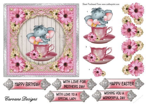 Elephant in a Teacup - 6x6 inch card front with decoupage