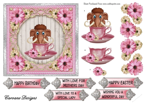 Mammoth in a Teacup - 6x6 inch card front with decoupage