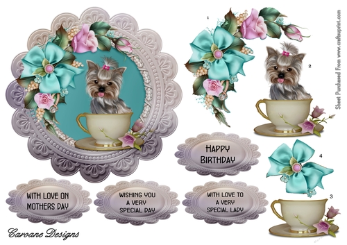 Yorkie in a Teacup - 6 inch circular card front with decoupage