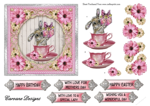 Pink Bunny in a Teacup - 6x6 inch card front with decoupage