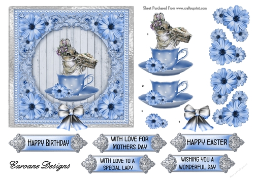 Blue Bunny in a Teacup - 6x6 inch card front with decoupage