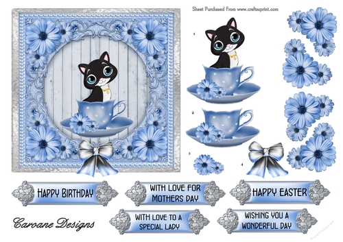 Cute Kitty in a Teacup - 6x6 inch card front with decoupage