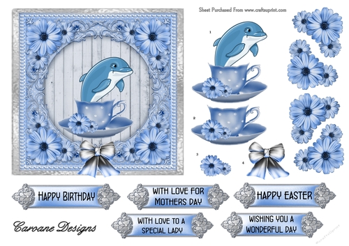 Dolphin in a Teacup - 6x6 inch card front with decoupage