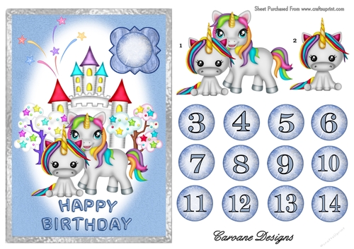 Birthday Unicorns 1 - A5 card front with decoupage