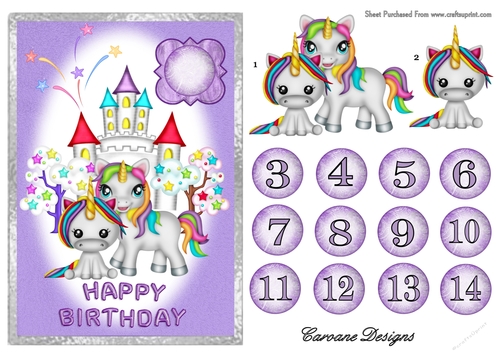 Birthday Unicorns 2 - A5 card front with decoupage