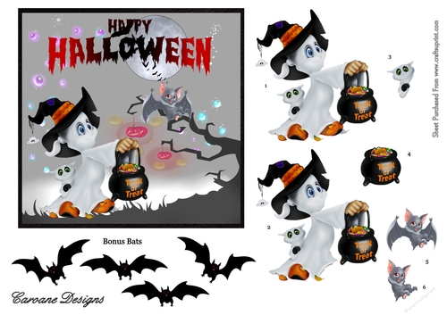 Wee Ghost and Batty Bat - 6x6 inch card front with decoupage