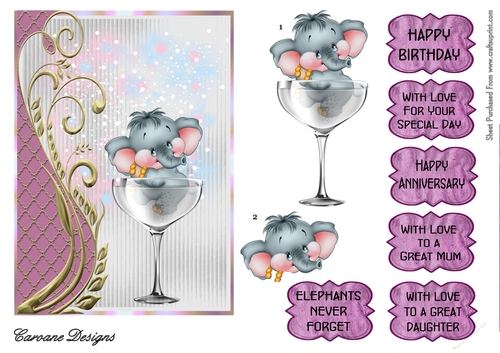 Nellie in a Wine Glass - 7x5 inch card front with decoupage