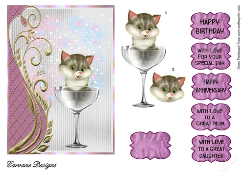 Kitten in a Wine Glass - 7x5 inch card front with decoupage