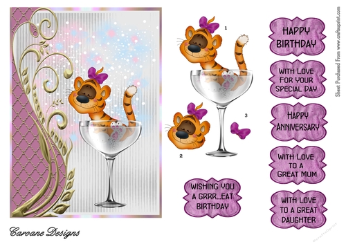 Tigger in a Wine Glass - 7x5 inch card front with decoupage